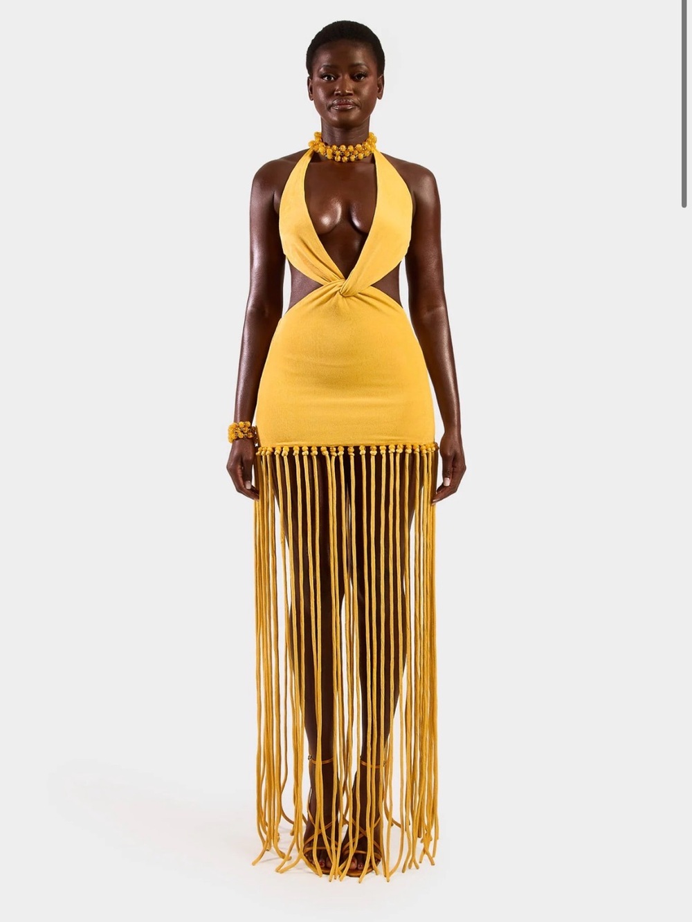 BBXBRAND Cut Out Tassel Dress - Yellow Fringe Midi Dress with Plunging Halter